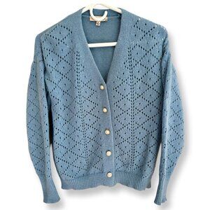 Nanette Lepore Blue Eyelet Knit Cardigan Sweater Faux Pearl Buttons Size Small
